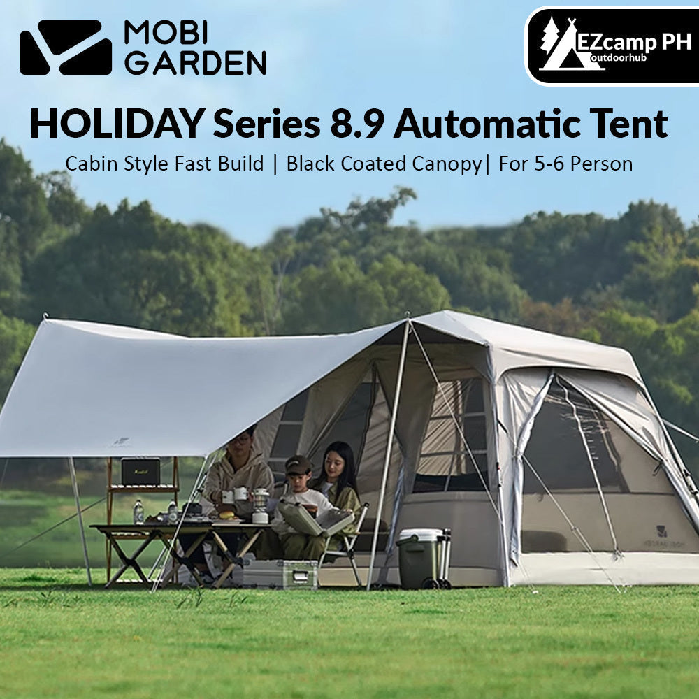 Mobi Garden HOLIDAY Series 8.9 Fast Automatic Cabin Style Tent for 5-6 Person Waterproof Black Vinyl Coated Sunscreen Awning Canopy Large up to 19m² Total Usable Space Quick Open Outdoor Camping Tent Mobigarden village Mountain Residence