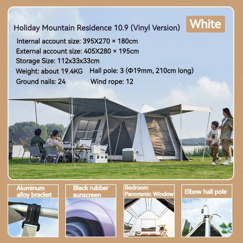 Mobi Garden HOLIDAY Series 10.9 Fast Automatic Cabin Style Tent 4-7 Person Large Sunscreen Waterproof Black Vinyl Coated Village Mountain Residence