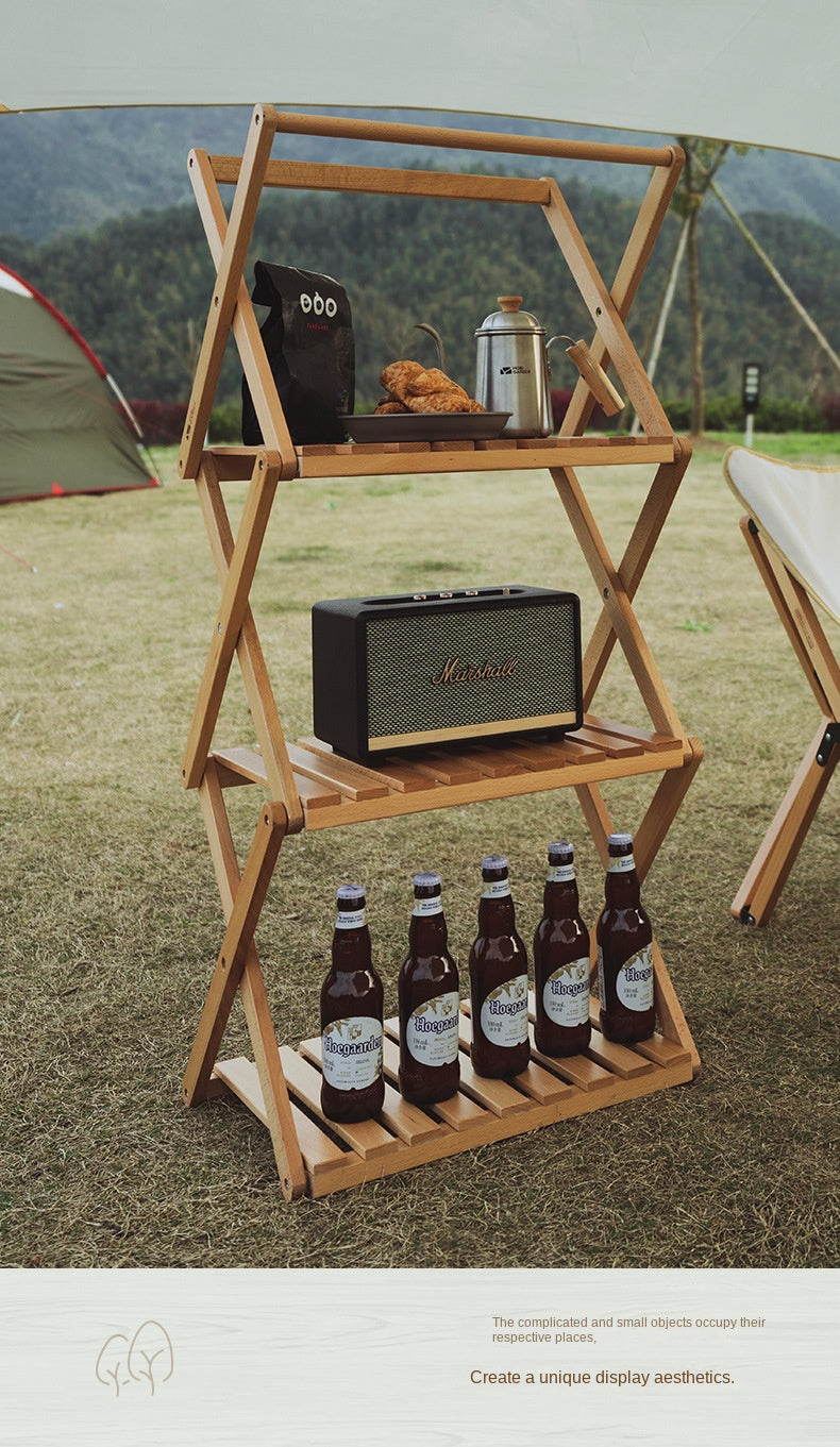 Mobi Garden Multi-Function Folding Table Portable Lightweight Solid Wood Storage Table Multi-layer Shelf Rack Foldable Wooden Table 4 Layer Shelves Outdoor Camping