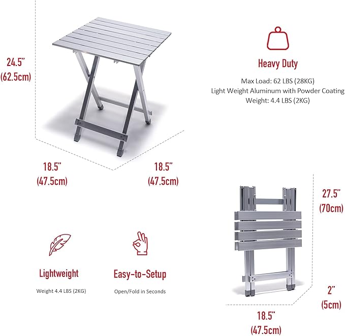 SUNNYFEEL Folding Camping Table - Lightweight Aluminum Portable Picnic Table, 18.5x18.5x24.5 Inch for Cooking, Beach, Hiking, Travel, Fishing, BBQ, Indoor Outdoor Small Foldable Camp Tables