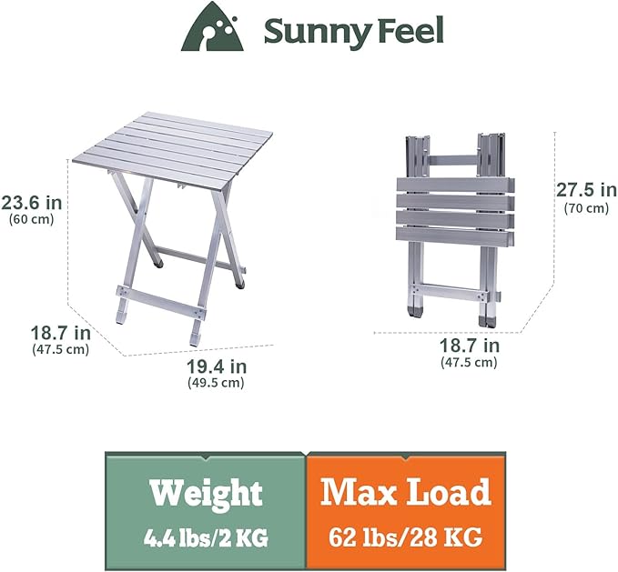 SUNNYFEEL Folding Camping Table - Lightweight Aluminum Portable Picnic Table, 18.5x18.5x24.5 Inch for Cooking, Beach, Hiking, Travel, Fishing, BBQ, Indoor Outdoor Small Foldable Camp Tables