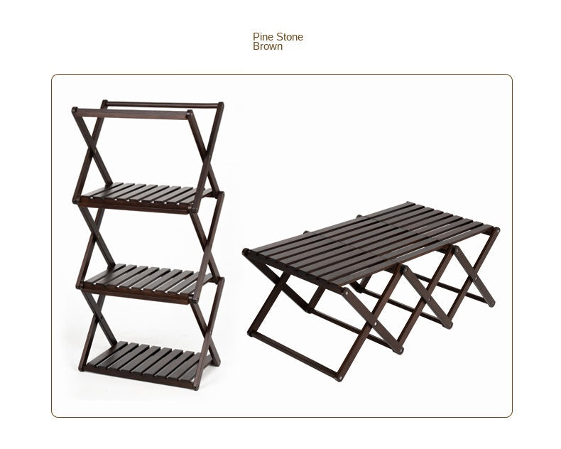 Mobi Garden Multi-Function Folding Table Portable Lightweight Solid Wood Storage Table Multi-layer Shelf Rack Foldable Wooden Table 4 Layer Shelves Outdoor Camping