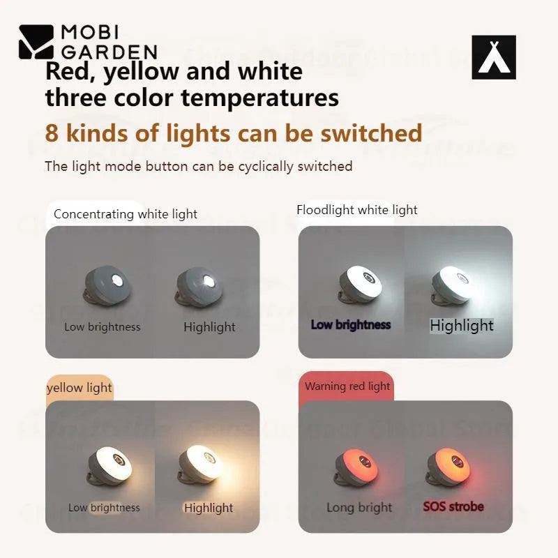 MOBI GARDEN Zero Peak Camp Lamp 8 Adjustable Light Modes Mini Lamp Magnetic Suction Waterproof Lantern Emergency Light With Hook Outdoor USB or Battery Type